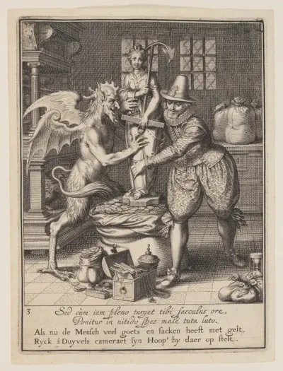 A Man and the Devil Filling a Sack with Money and Setting Up a Statue of Hope, from Allegory of the Misuse of Worldly Property