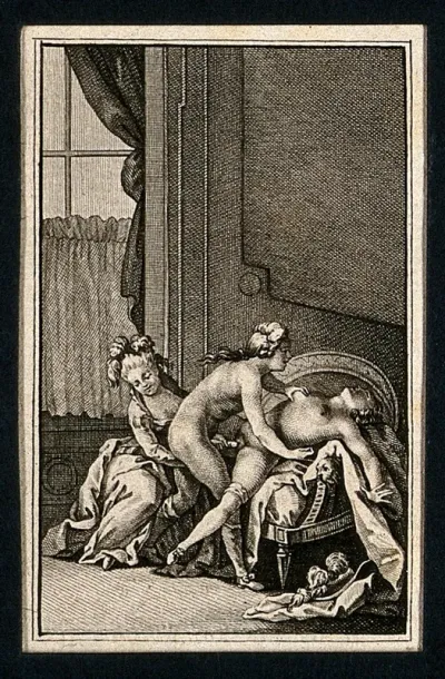 A man and two women engaged in sexual intercourse leaning against a neoclassical armchair; window in the background