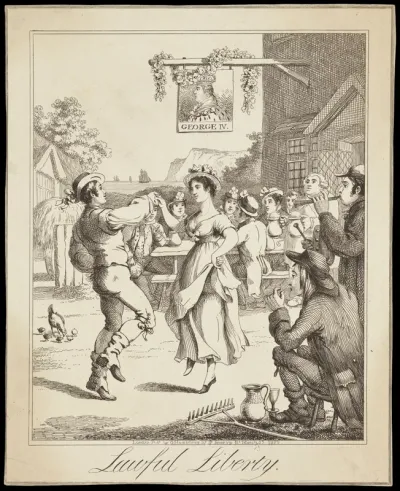A man and woman dance outside a tavern named after George IV, a man plays a pipe and people sit drinking decorously