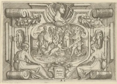 A man and woman offering a platter of coins to a king seated on a throne, set within an elaborate frame