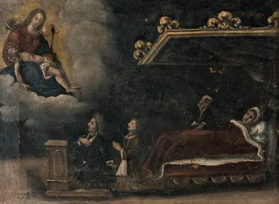 A man and woman praying to the Virgin and Christ, a woman in bed attended by a nurse, 1720