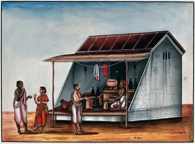 A man at a arrack (a strong alcoholic drink) shop, whilst a couple talk to each other behind him