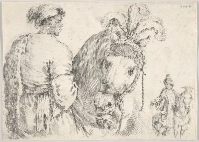 A man at left in profile giving a handful of hay to a horse at center, a horseman to the right in background