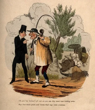 A man attempting to alert a deaf farmer using an ear trumpet as to the plight of his horses and cart