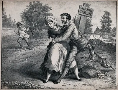 A man attempting to embrace a young woman, a dog biting his bag; a guard holding a sword in the background