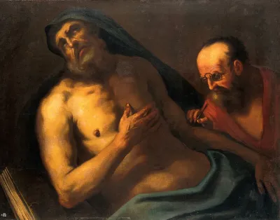 A man attended by a surgeon (suicide of Seneca?)
