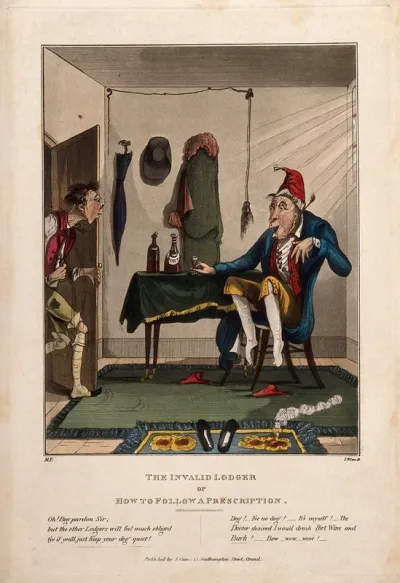 A man barking and drinking port, following a doctor's orders