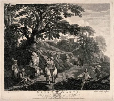 A man begging for alms at the side of a road is holding out his cap to a traveller on horseback