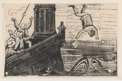 A man being thrown to the sharks, from a broadside entitled 'Triste Fin de Gerardo Nevraumont'