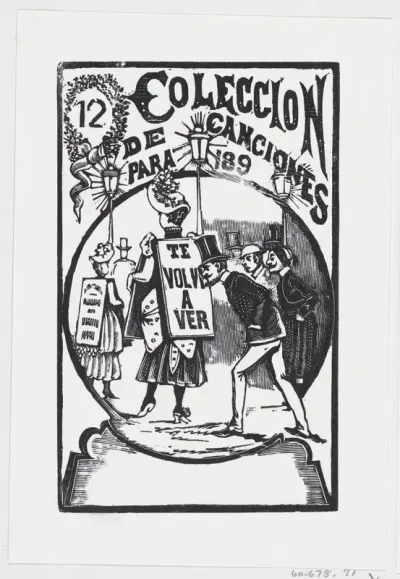 A man bending down to look at a woman with a sign on her back, illustration for 'El Abanico (The Admirer)'