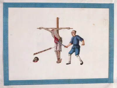 A man, bound at the stake, is disemboweled by a Chinese man with a sword