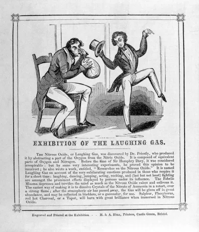 A man breathing in nitrous oxide (laughing gas) and a man exhibiting its exhilarating effects