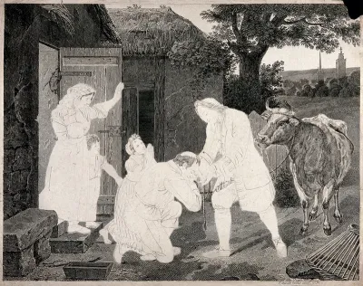 A man bringing a cow to the home of another man who, with his family, greets and supplicates him