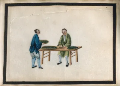 A man brings tea samples to an overseer (?) seated at a table