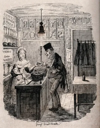 A man buys an oyster from a woman behind the counter in a London oyster saloon
