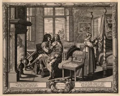 A man caresses a woman; representing the sense of touch