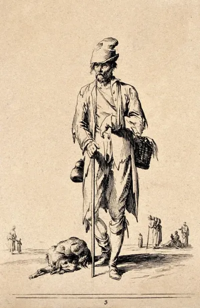 A man carrying a basket and stick with a dog at his feet