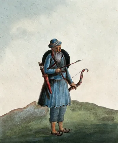 A man carrying a bow and arrow and a shield