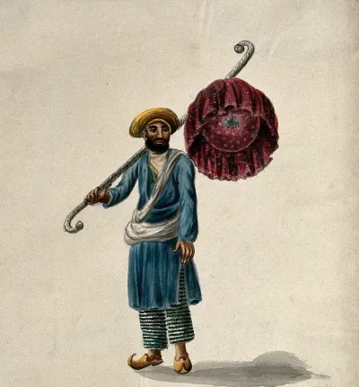 A man carrying a canopy, to be used as a umbrella (?)