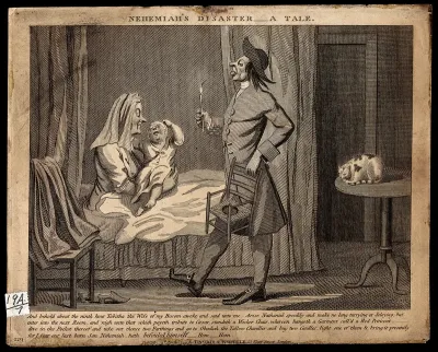 A man carrying a child's commode chair to a woman lying in bed who holds a screaming baby in her arms