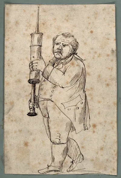 A man carrying a giant syringe