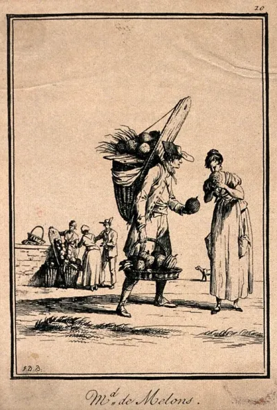 A man carrying a large basket filled with melons on his back he is offering one to a woman who smells it