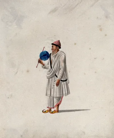A man carrying a small canopy, attached to a pole