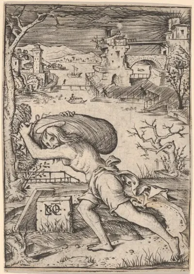 A man carrying sack striding to the left