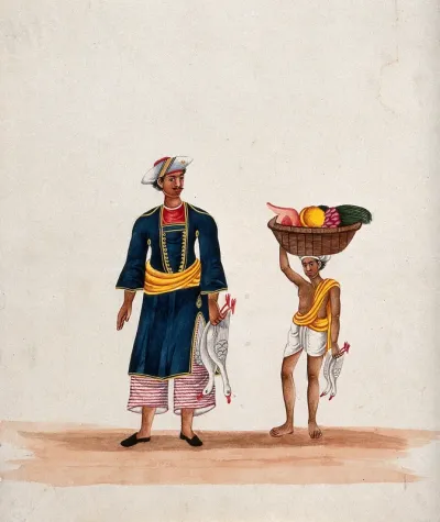 A man carrying two ducks followed by a servant carrying a basket of fruit