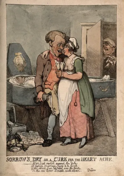 A man cavorting with a young woman, while his recently deceased wife lies in a coffin in the background