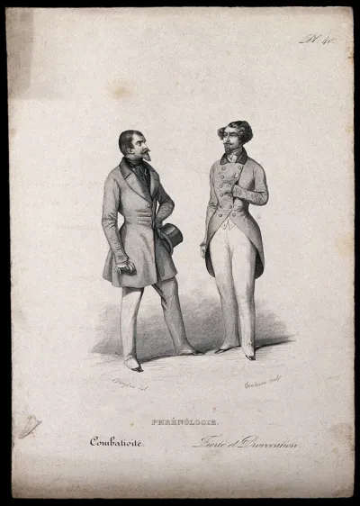 A man challenges another; exhibiting boldness, classed phrenologically under the 'propensity' of combativeness