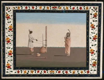 A man churning milk, whilst a sadhu (holy man) stands in front of him