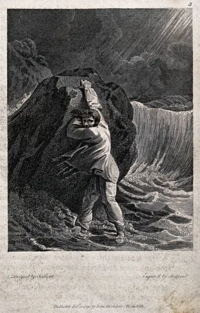 A man clinging to a rock on the shore during a storm