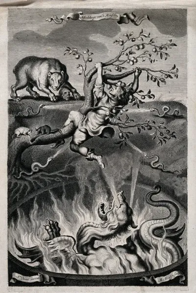 A man clings to a tree, struggling not to fall into a cauldron containing a monster while a bear and snakes look on; rats gnaw at the trunk of the tree; representing the threat and eventual victory of Death