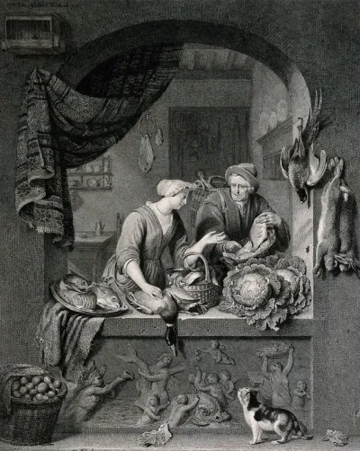 A man comes to a shop to sell a fish to a woman who sells poultry, fish and vegetables, watched by a cat