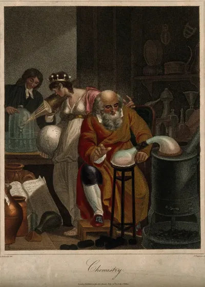 A man conducts an alchemical experiment with an alembic, in the foreground, in the background a female figure representing the world observes a man of the new school of chemistry who prepares an oxygen experiment with a glass jar and a candle: a repr