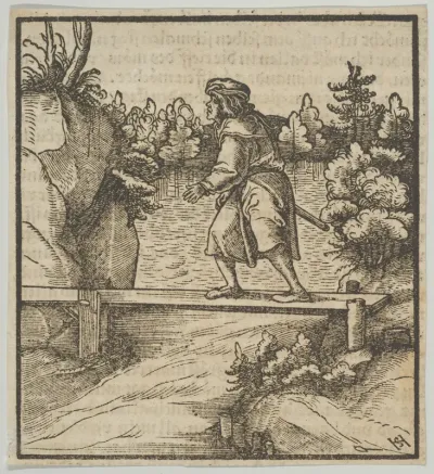 A Man Crossing a Small Bridge, from Hymmelwagen auff dem, wer wol lebt...