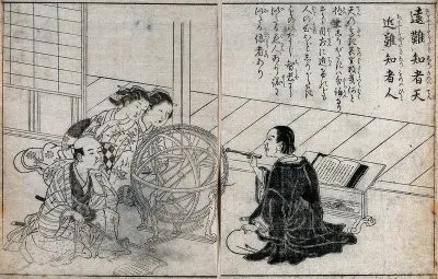 A man demonstrating an orrery (a model of the solar system) to two girls and another man
