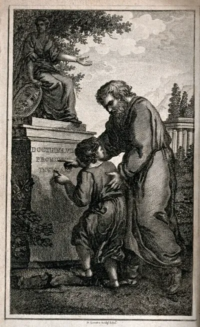 A man directs the attention of a boy to a Latin inscription on a plinth stating that learning increases natural capability; representing education