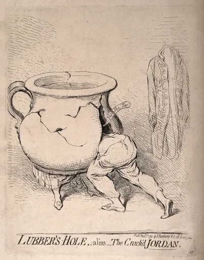 A man disappearing into a cracked chamber pot which has the legs of woman; implying the illicit relationship between the Duke of Clarence and Mrs