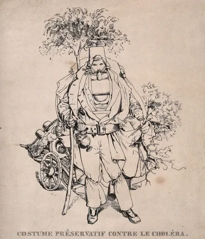 A man dressed in absurd protective clothing against the cholera epidemic