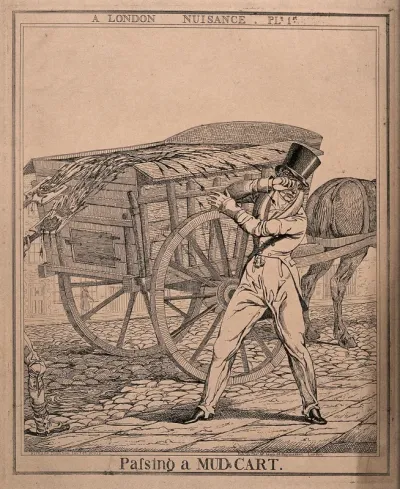 A man dressed in fine clothes is shielding his face from the mud which is spattering on him as it is thrown onto the passing cart