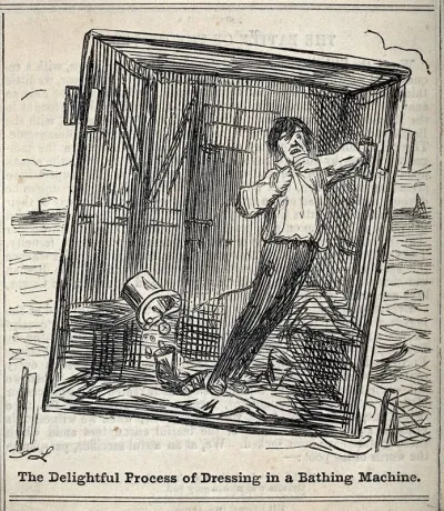 A man dressing in a bathing machine