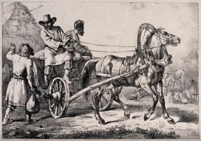 A man driving a a horse-drawn waggon has stopped to ask the way of a man at the side of the road carrying a bundle: he tells him to go back in the opposite direction