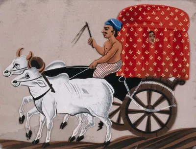 A man driving a bullock pulled covered carriage with a woman sitting inside