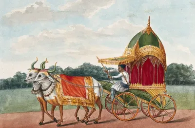 A man driving a covered, canopied carriage, pulled by a pair of oxen