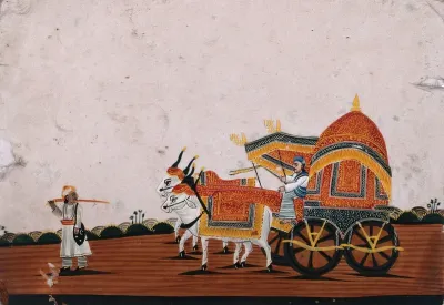 A man driving a elaborately decorated bullock-carriage, with a canopied top