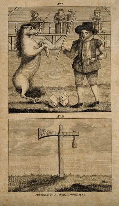 A man exhibiting a counting horse with an unidentified object underneath