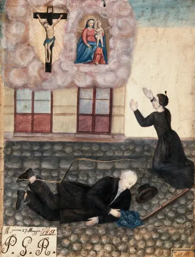 A man falling over on a cobbled street in Rome, his wife praying to Sansovino's Virgin and Child, 27 May 1851