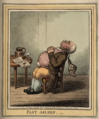 A man fast asleep with his head back and wig dangling
